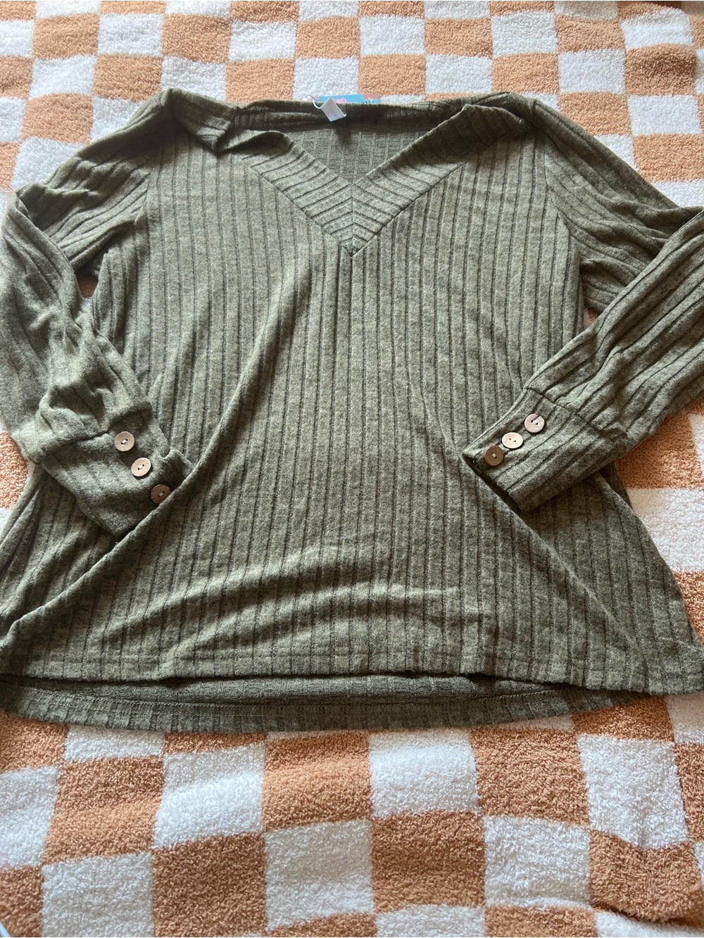 V-Neck Ribbed Long-Sleeve Top in Olive Green